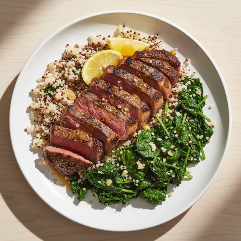 Pan-Seared Steak with Quinoa and Spinach