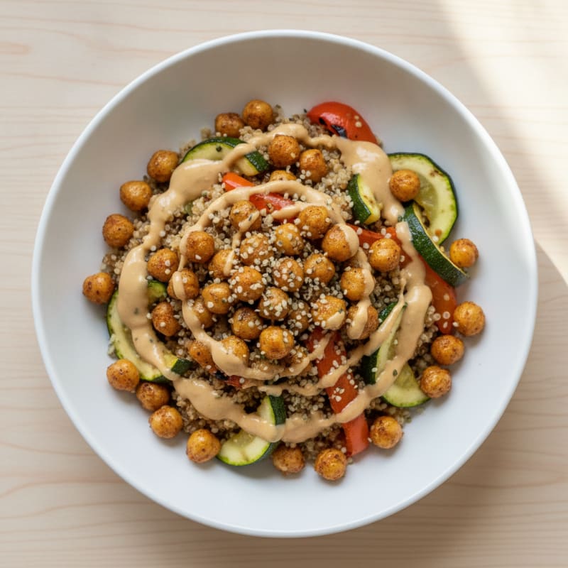 Crispy Chickpea and Quinoa Bowl with Grilled Vegetables and Tahini Drizzle