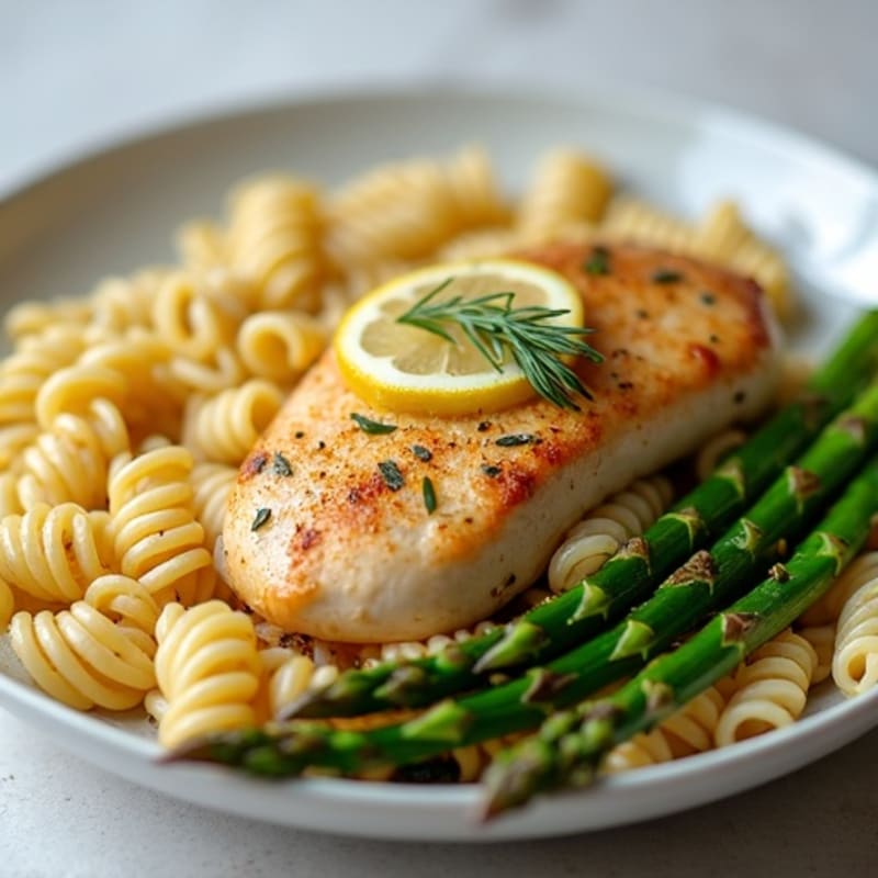 Lemon Garlic Chicken Pasta with Roasted Asparagus