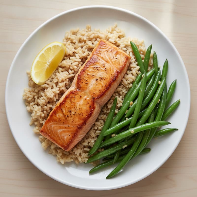 Seared Salmon with Garlic Green Beans and Brown Rice