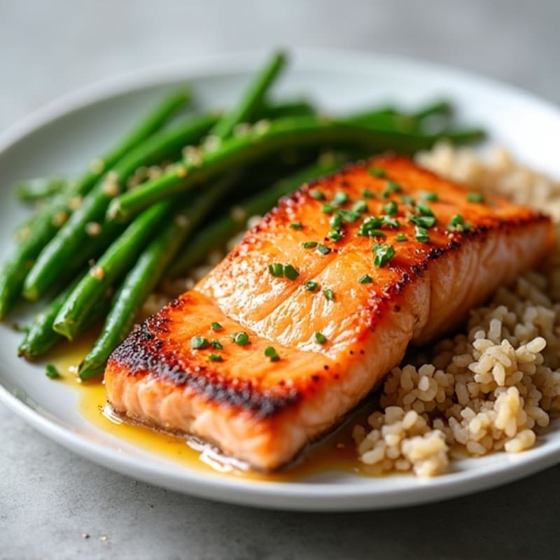 Seared Salmon with Garlic Green Beans and Brown Rice