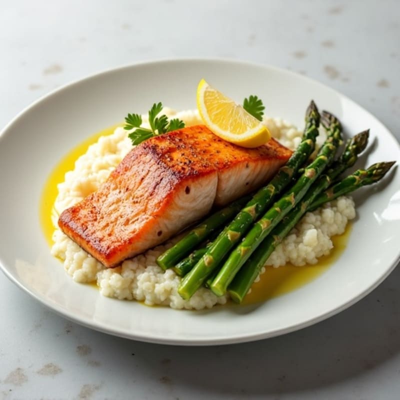 Seared Salmon with Steamed Asparagus and Cauliflower Mash