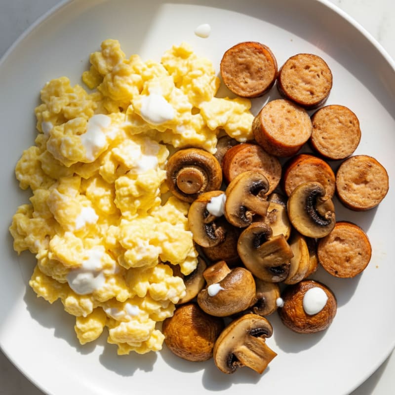 Creamy Scrambled Eggs with Chicken Sausage and Sautéed Mushrooms