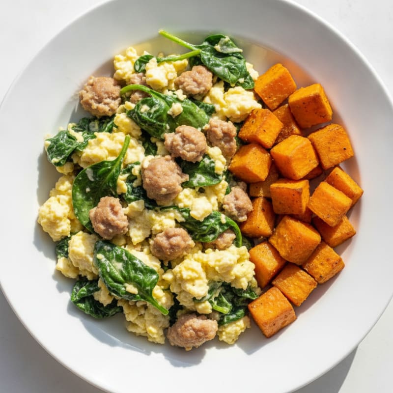 Egg White and Turkey Sausage Scramble with Spinach and Roasted Sweet Potato