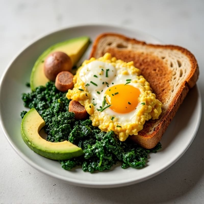 Egg White and Turkey Sausage Scramble with Sautéed Spinach