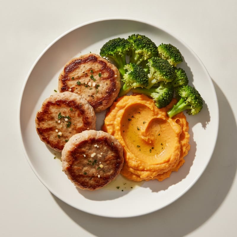 Seared Turkey Patties with Steamed Broccoli and Sweet Potato Mash