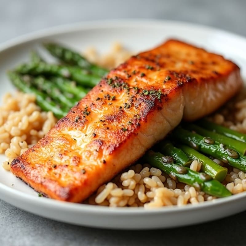 Seared Salmon Fillet with Steamed Asparagus and Brown Rice