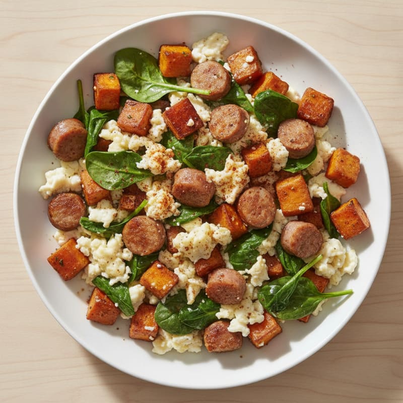 Egg White and Turkey Sausage Scramble with Spinach and Sweet Potato