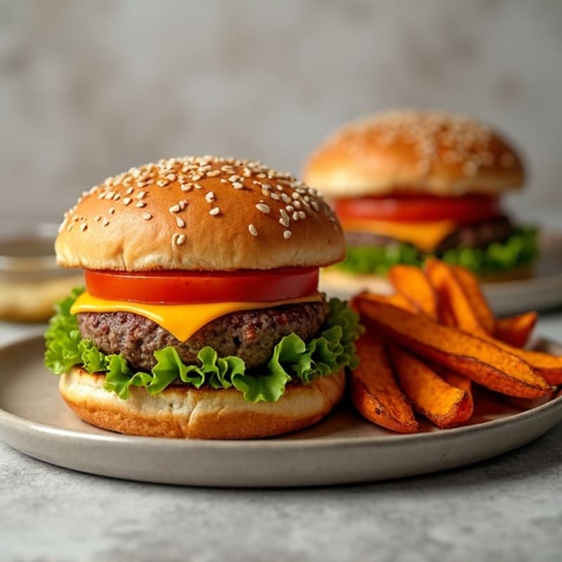 Lean Beef Burgers with Crispy Sweet Potato Fries