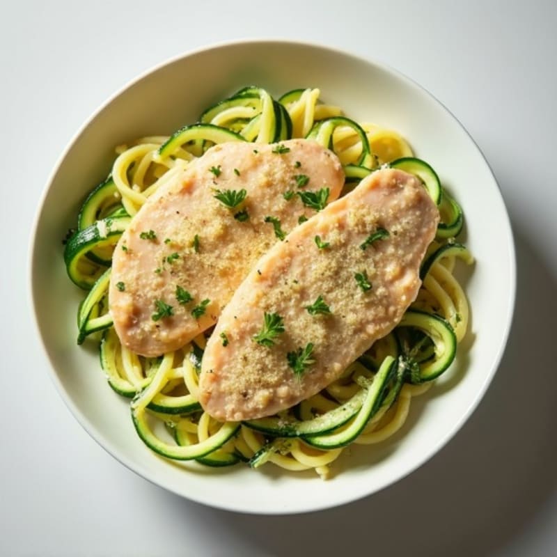 Creamy Cauliflower Alfredo Chicken with Zucchini Noodles