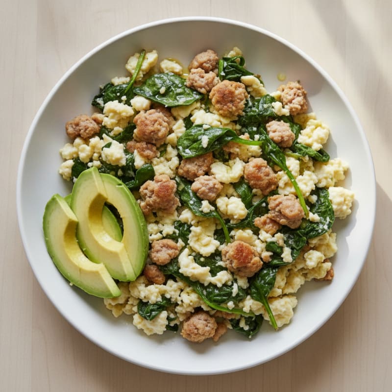 Egg White Scramble with Turkey Sausage and Sautéed Spinach