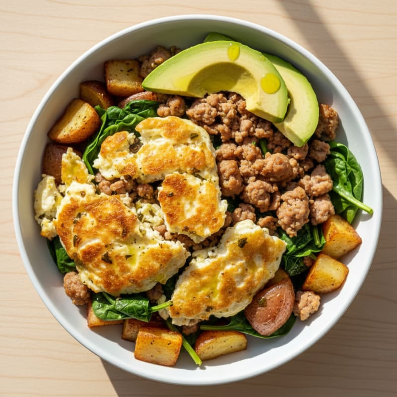 Crispy Egg White and Turkey Sausage Breakfast Bowl with Spinach