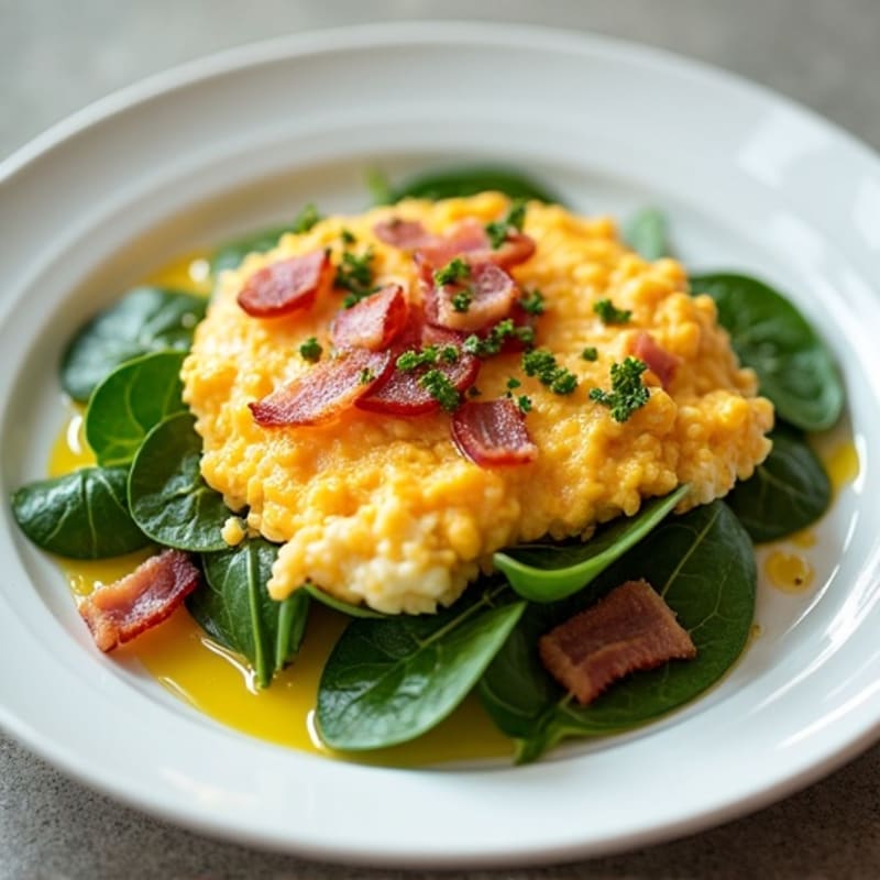 Cottage Cheese Egg White Scramble with Spinach and Turkey Bacon