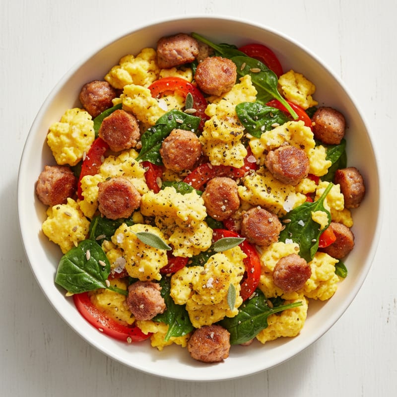Golden Scrambled Eggs with Crispy Sausage