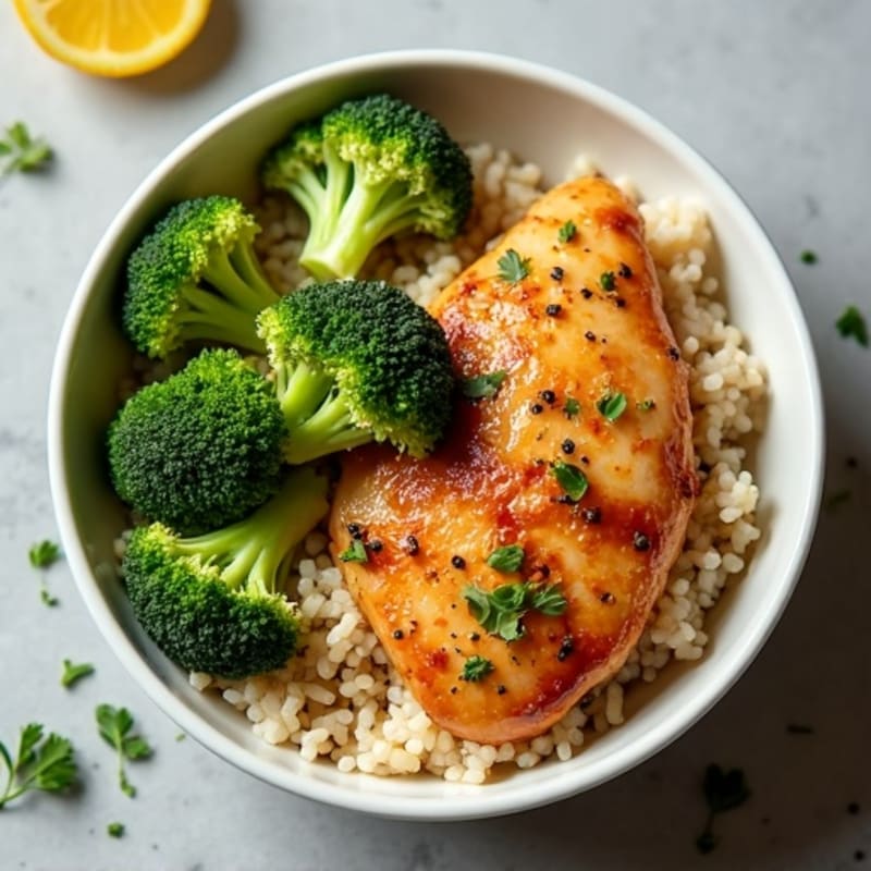 Crispy Lemon-Herb Chicken and Roasted Broccoli Rice Bowl
