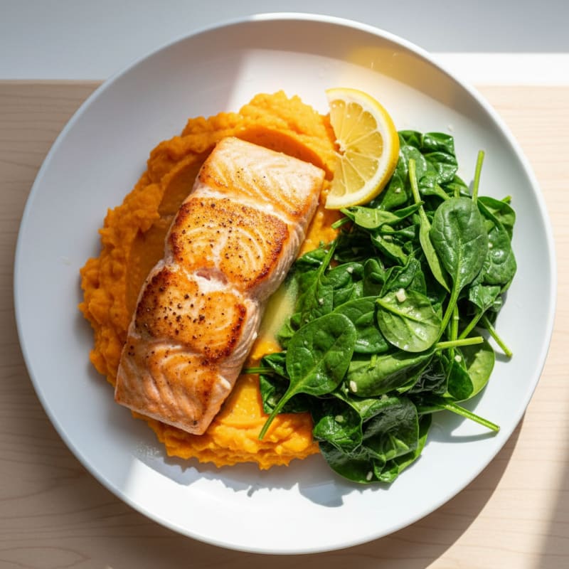 Seared Salmon with Garlic Spinach and Sweet Potato Mash