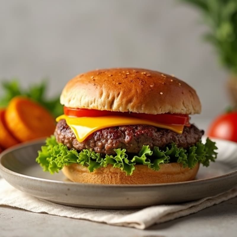 Juicy Lean Beef Burger with Crispy Roasted Sweet Potatoes