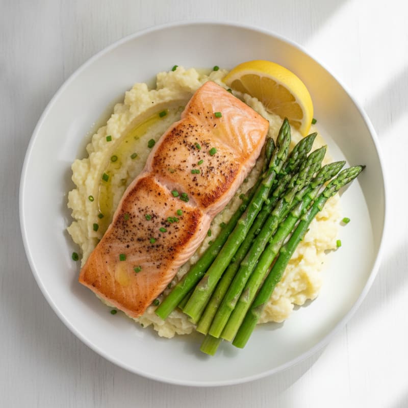 Seared Salmon Fillet with Steamed Asparagus and Cauliflower Mash