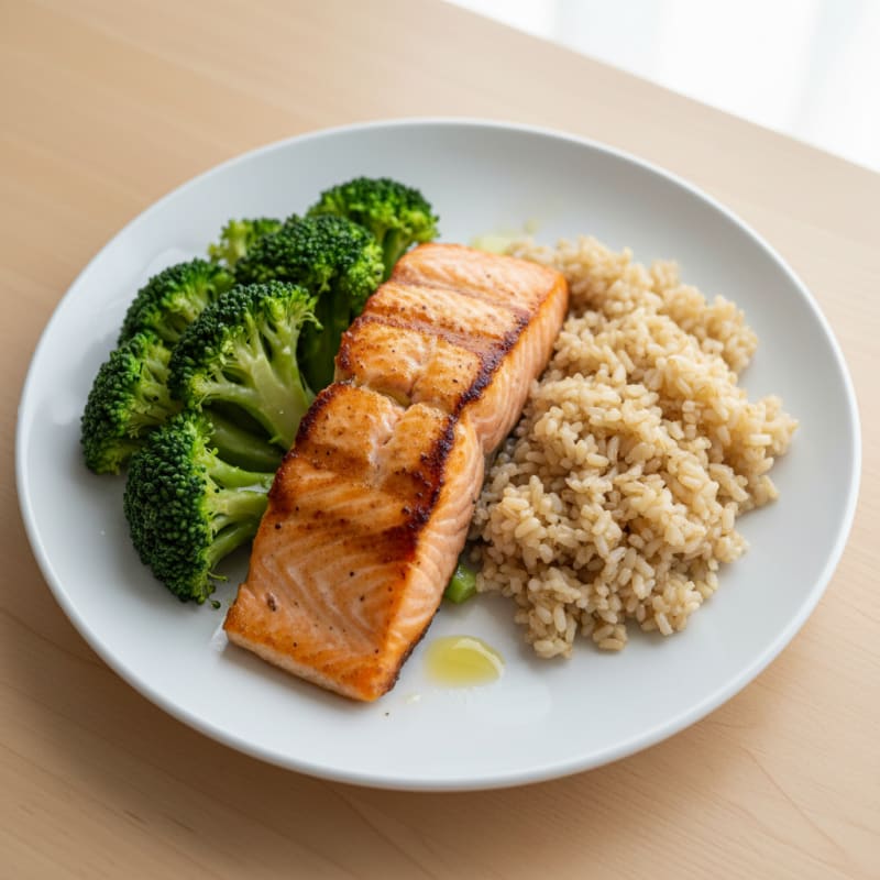 Seared Salmon with Steamed Broccoli and Brown Rice