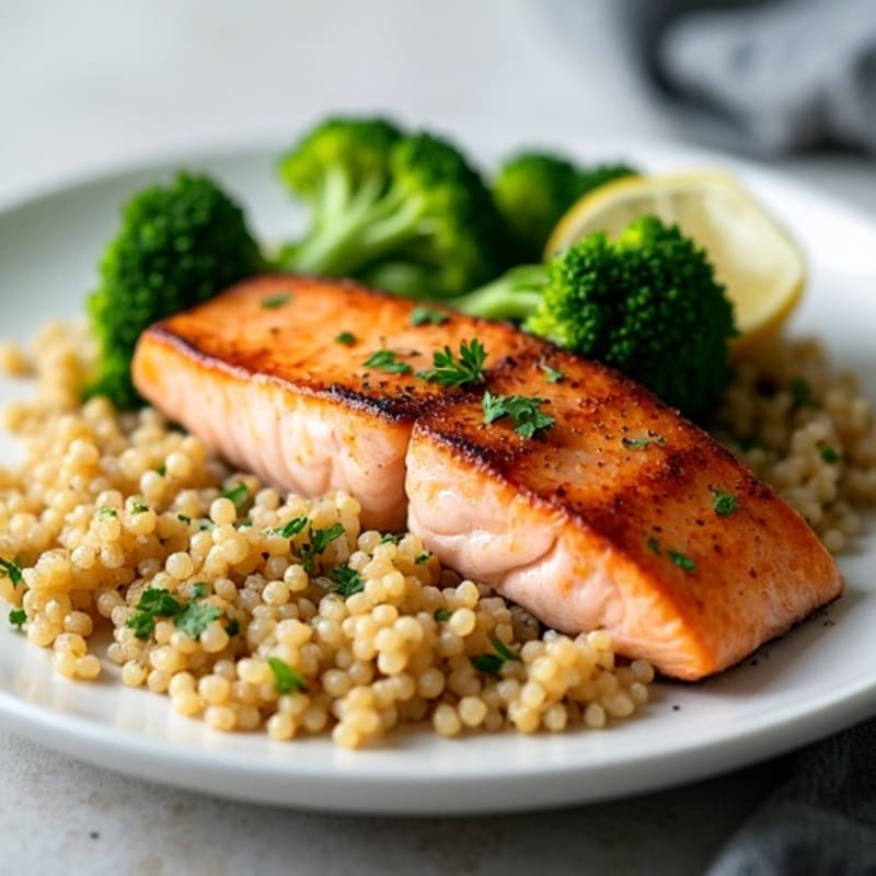 Seared Salmon with Steamed Broccoli and Quinoa