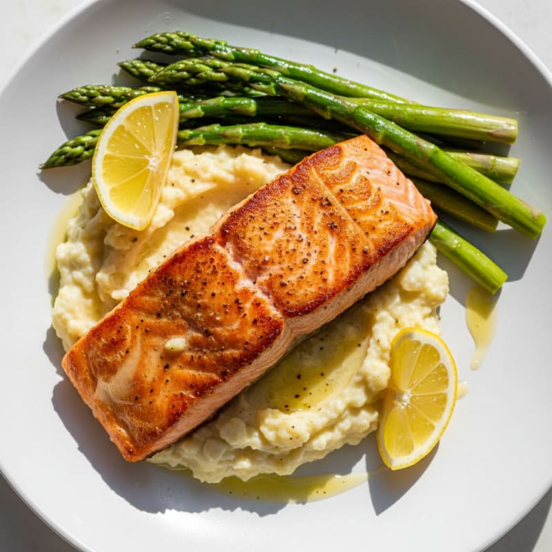 Seared Salmon with Steamed Asparagus and Cauliflower Mash