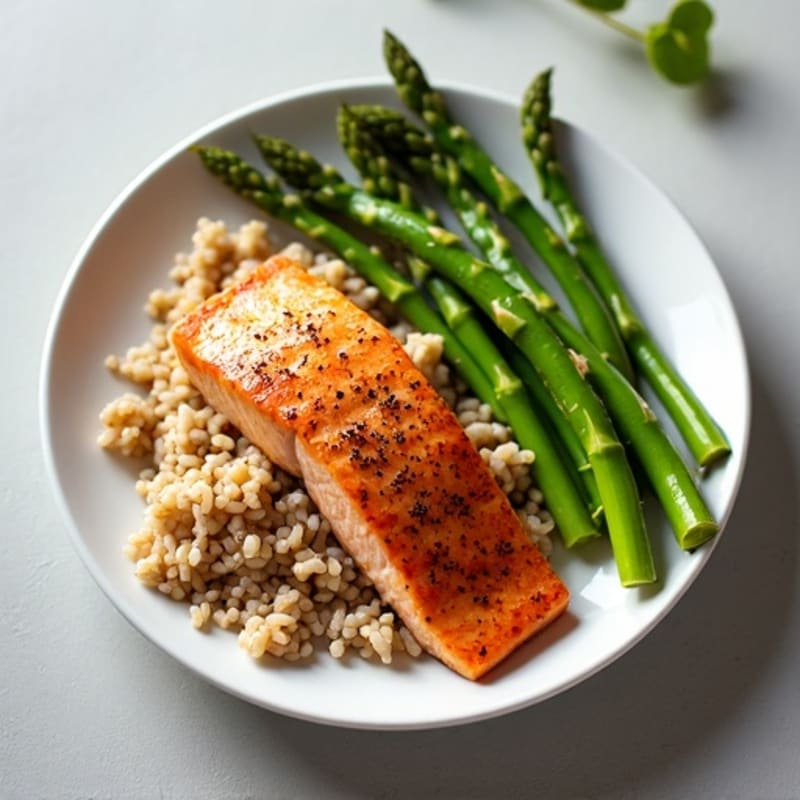Seared Salmon with Steamed Asparagus and Brown Rice