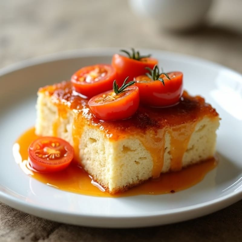 Protein Bread Pudding with Warm Tomato Compote