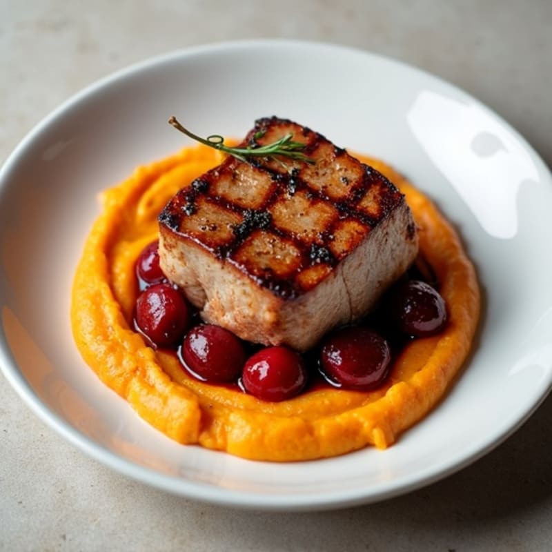 Pan-Seared Duck Breast with Cherry Reduction and Creamy Sweet Potato Puree