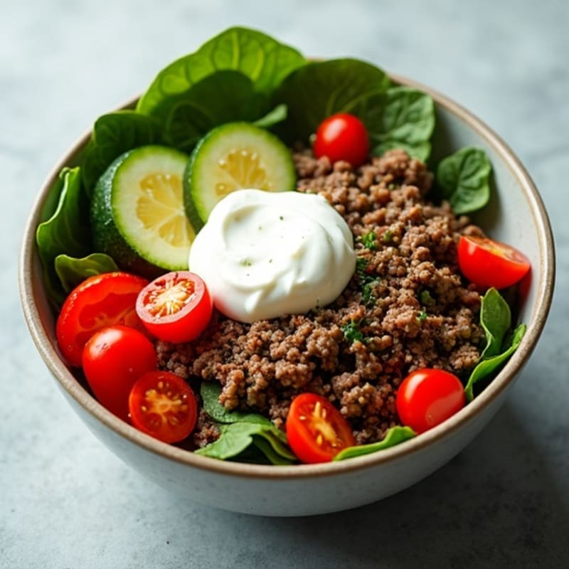 Seasoned Ground Beef and Fresh Vegetable Bowl with Creamy Special Sauce