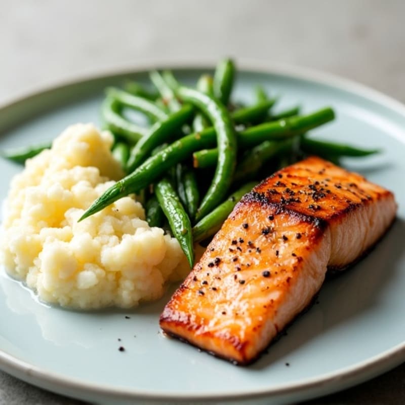 Seared Salmon with Garlic Green Beans and Cauliflower Mash