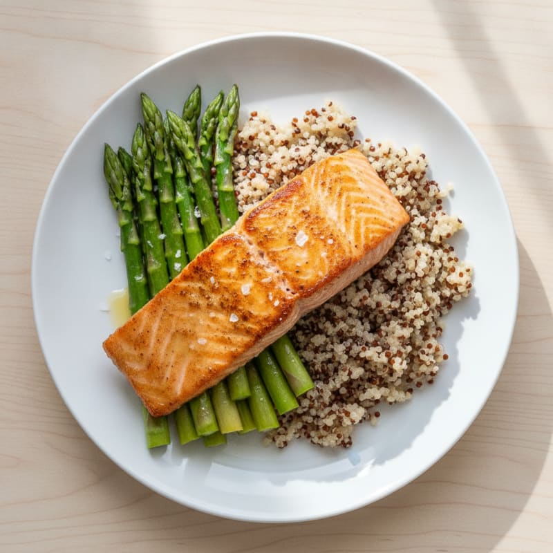 Seared Salmon Fillet with Steamed Asparagus and Quinoa