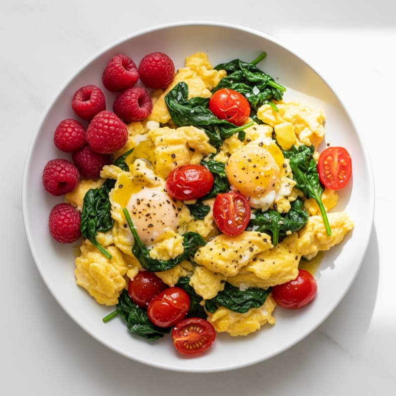 Scrambled Eggs with Sautéed Spinach and Cherry Tomatoes