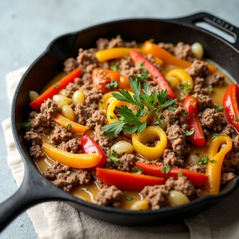 Skillet Lean Beef with Sautéed Peppers, Onions, and Creamy Cheesy Sauce