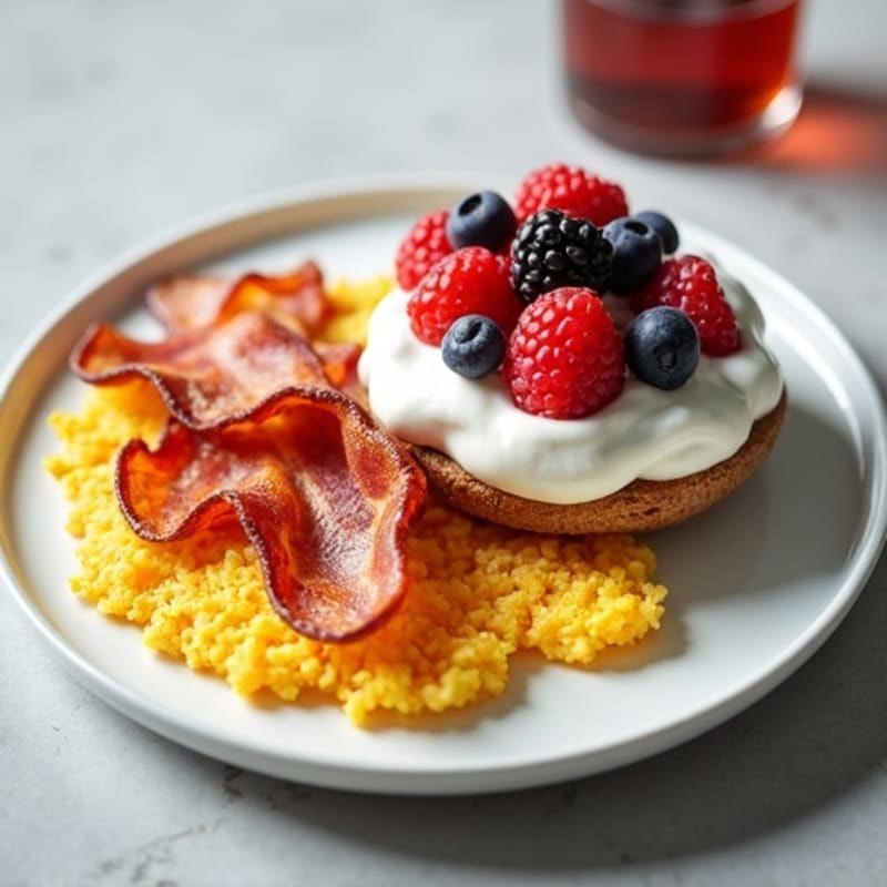 Crispy Turkey Bacon and Egg White Scramble with Greek Yogurt Parfait