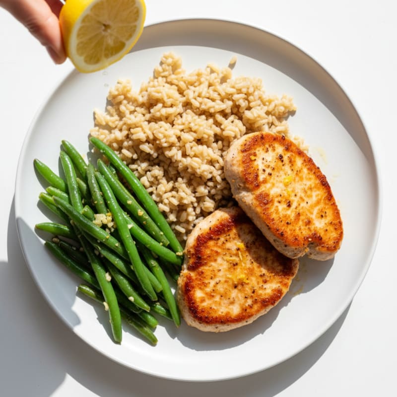 Pan-Seared Turkey Cutlets with Garlic Green Beans and Brown Rice