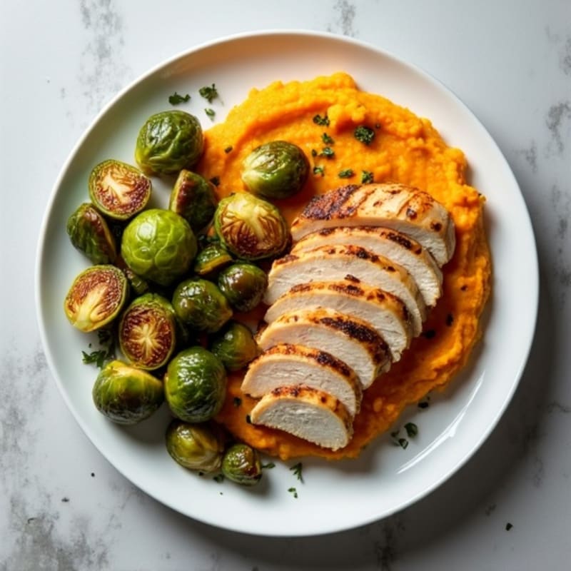 Garlic-Herb Roasted Brussels Sprouts with Sweet Potato Mash and Grilled Chicken