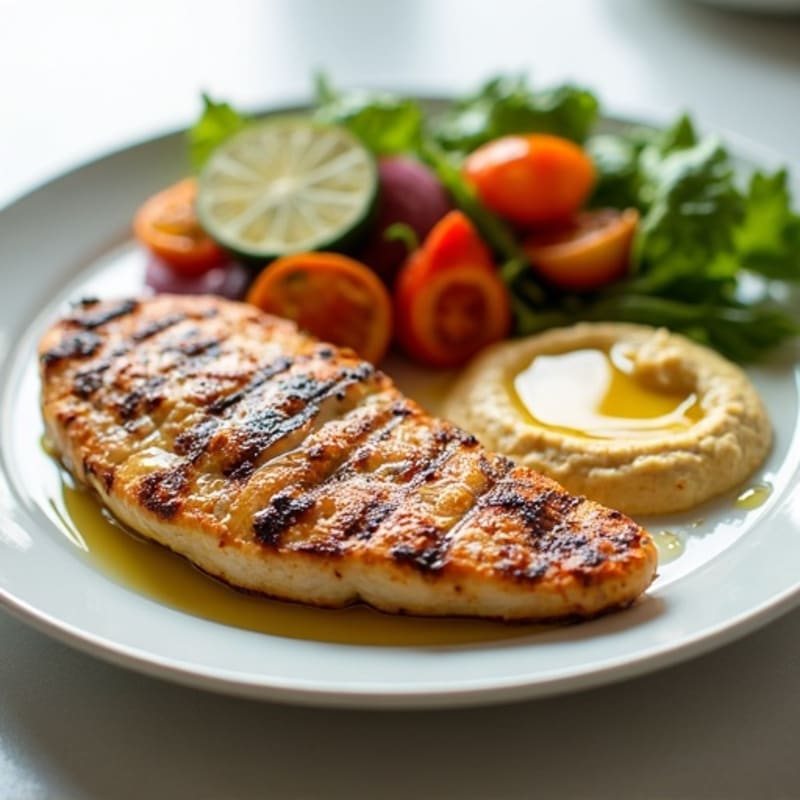 Grilled Chicken Breast with Hummus and Roasted Vegetables
