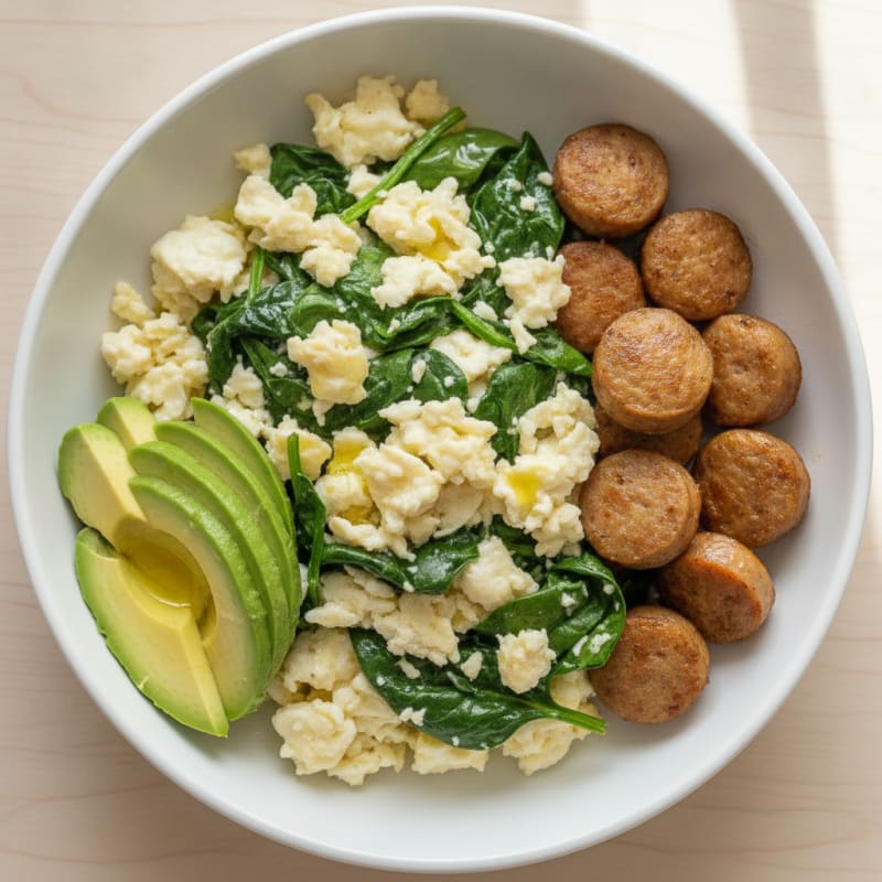 Egg White Scramble with Turkey Sausage and Sautéed Spinach