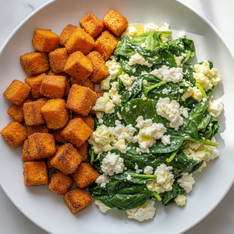 Egg White and Spinach Scramble with Cottage Cheese and Roasted Sweet Potato