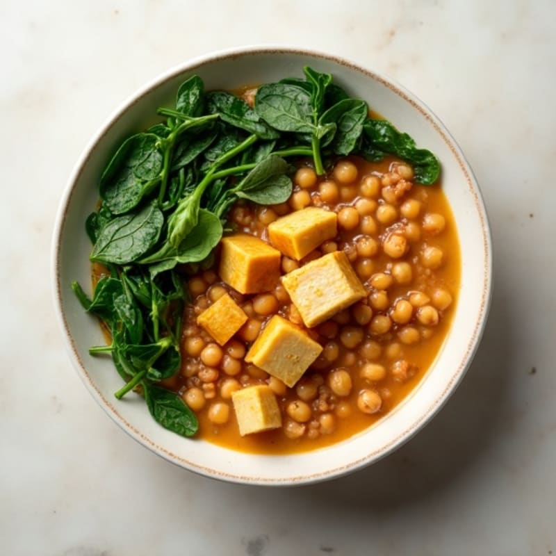 Creamy Lentil and Chickpea Stew with Wilted Spinach