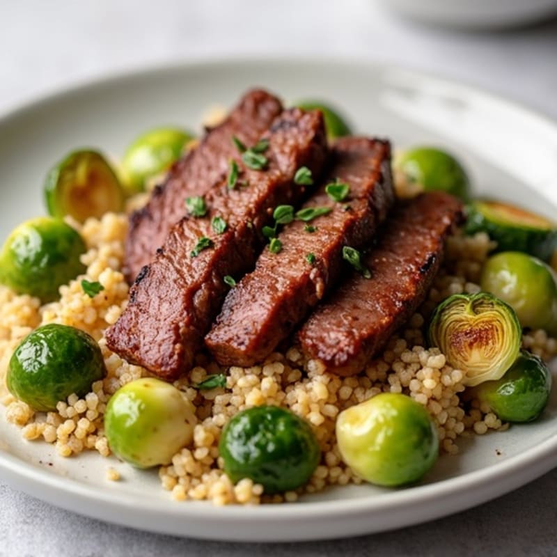 Seared Lean Beef Strips with Quinoa and Roasted Brussels Sprouts