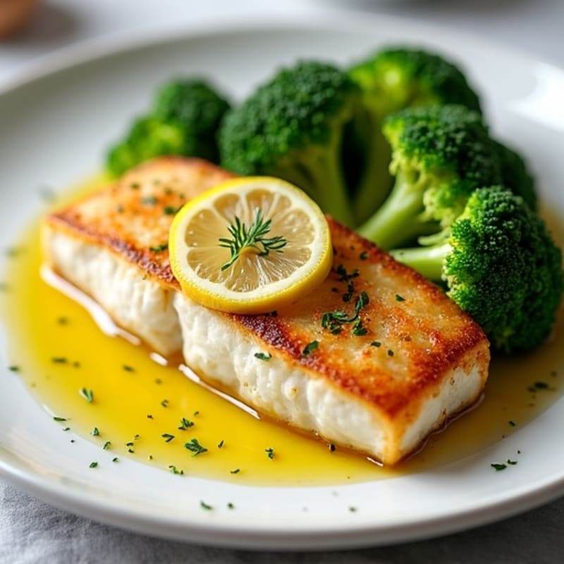 Seared Cod Fillet with Steamed Broccoli and Lemon