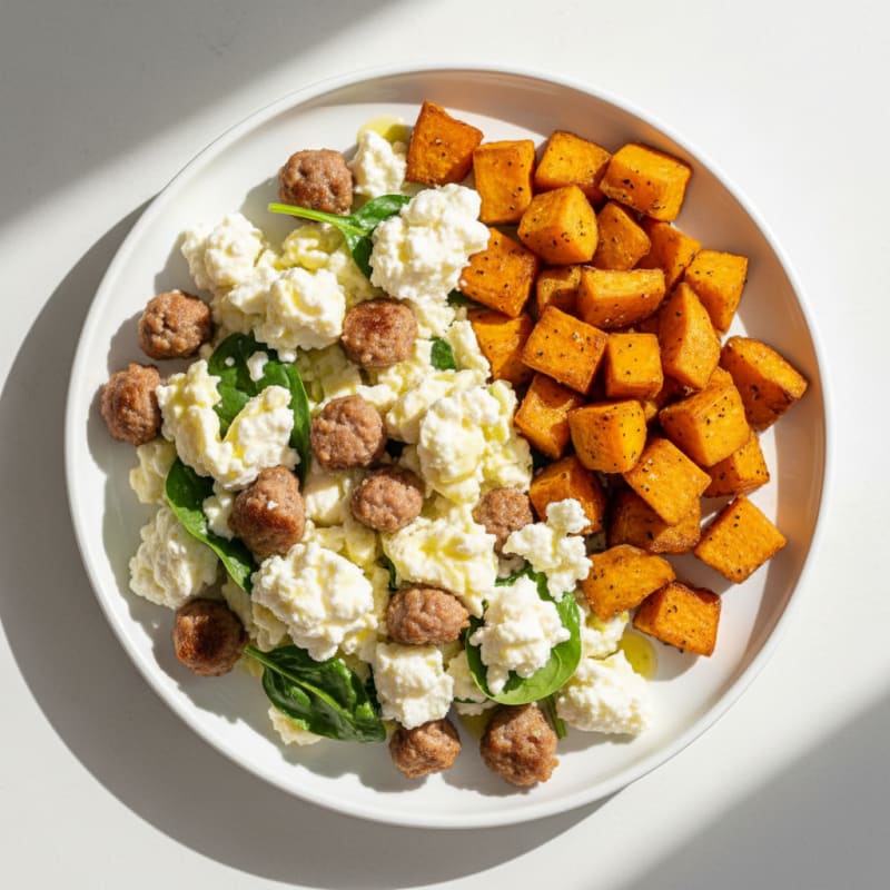 Egg White and Turkey Sausage Scramble with Cottage Cheese and Roasted Sweet Potatoes