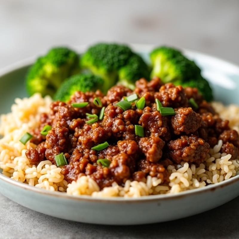 Sautéed Teriyaki Ground Beef with Fresh Broccoli and Brown Rice