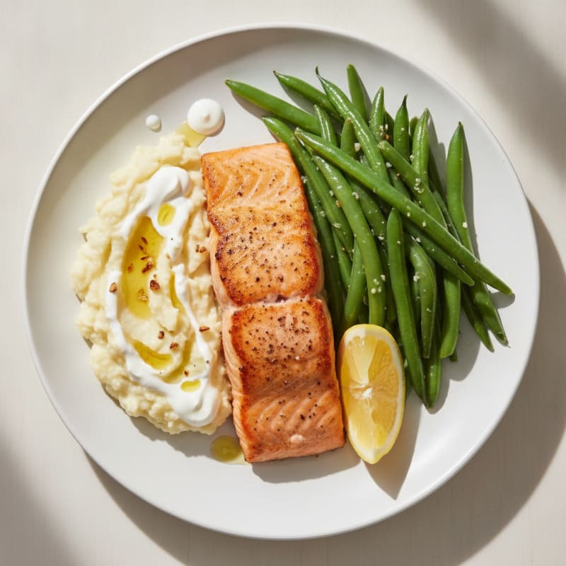 Seared Salmon with Steamed Green Beans and Garlic Mashed Cauliflower