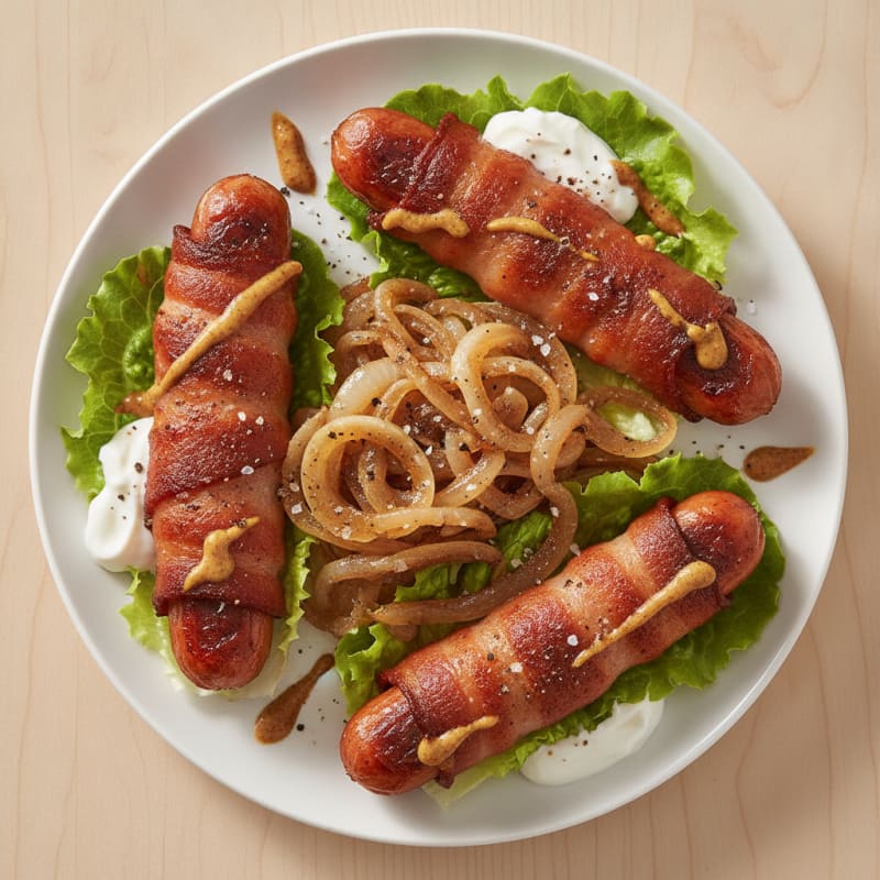 Bacon-Wrapped Hot Dogs with Caramelized Onions