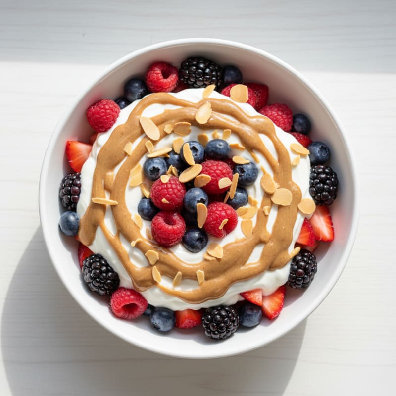 Greek Yogurt Protein Parfait with Mixed Berries and Almond Butter