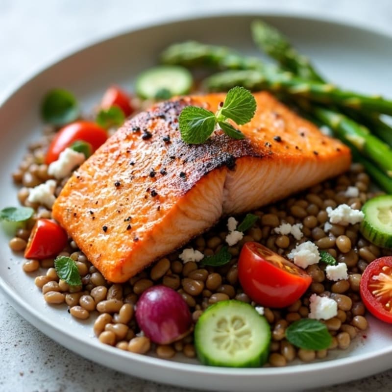 Seared Salmon Fillet with Lentil Salad and Steamed Asparagus
