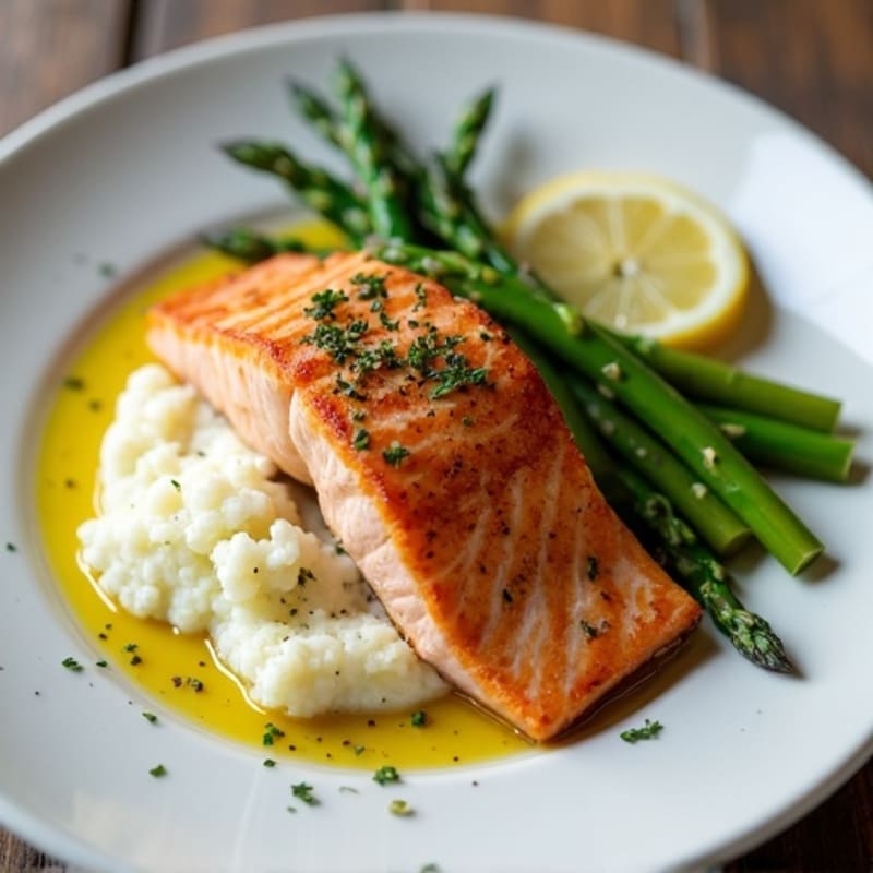 Seared Salmon with Steamed Asparagus and Cauliflower Mash
