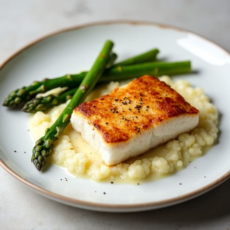 Seared Cod with Roasted Asparagus and Cauliflower Mash
